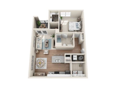 A top-down view of a small apartment with a kitchen, living room, and bathroom.